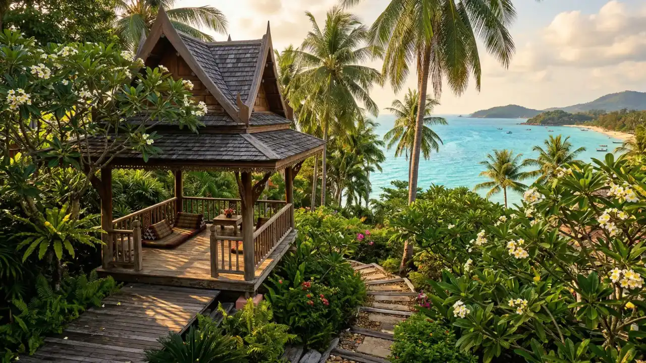 Wooden sala in a tropical garden above the sea in Koh Samui