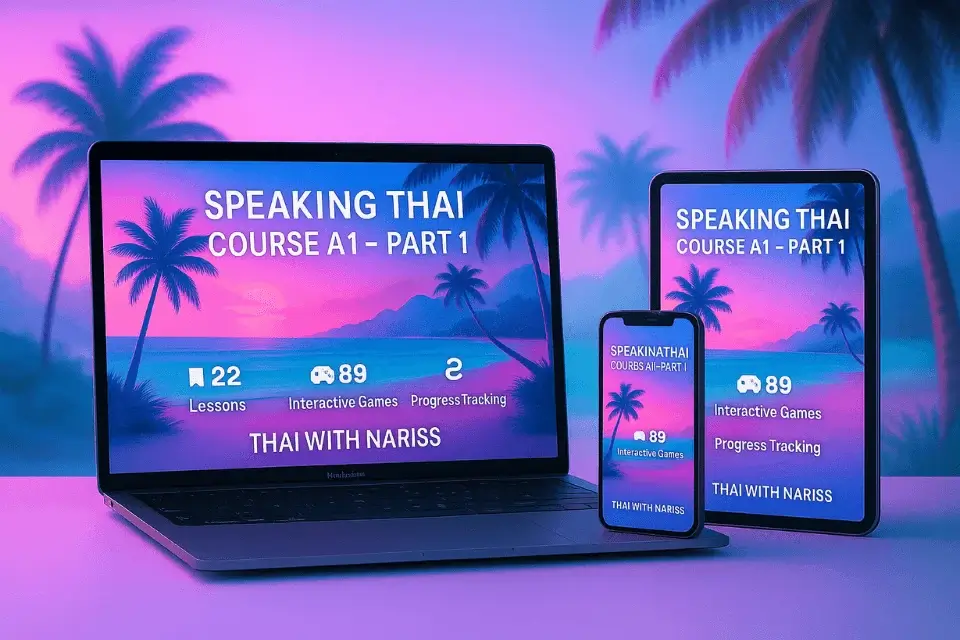 presentation of the Speaking Thai course for beginners on computer, iphone and ipad with the sea and coconut trees in the background