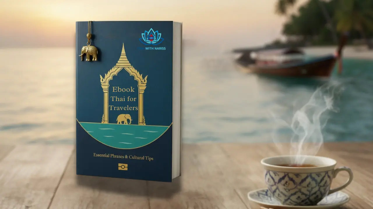 Thai for traveler's book on a table with a cup of coffee with see viex